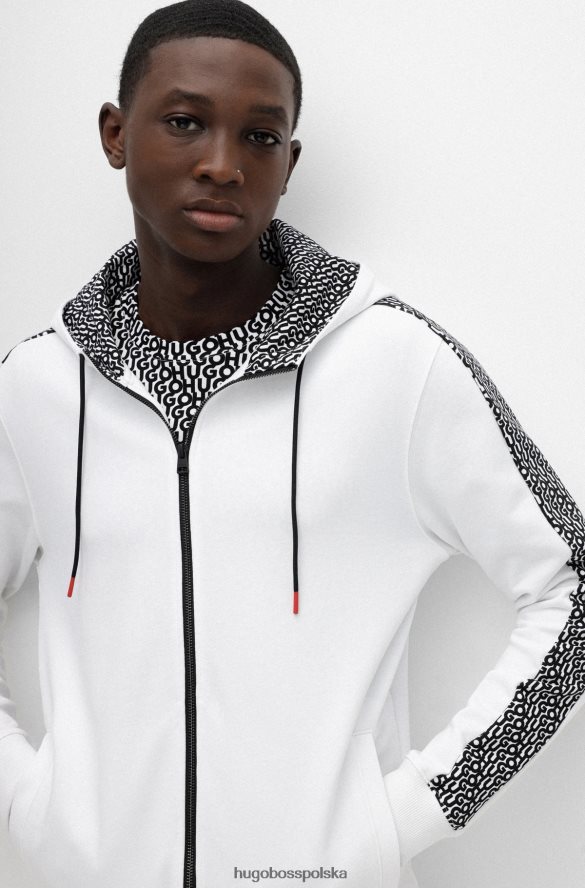 Hugo Boss biała, zapinana na zamek bluza z kapturem i bawełną francusko-frottową Hugo z powtarzającymi się logo biały R0X0H62898