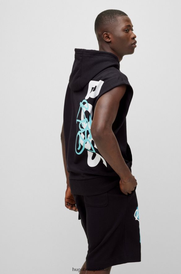 Hugo Boss czarna, bawełniana bluza z kapturem hugo o swobodnym kroju, bez rękawów, z grafiką z logo graffiti czarny R0X0H62704