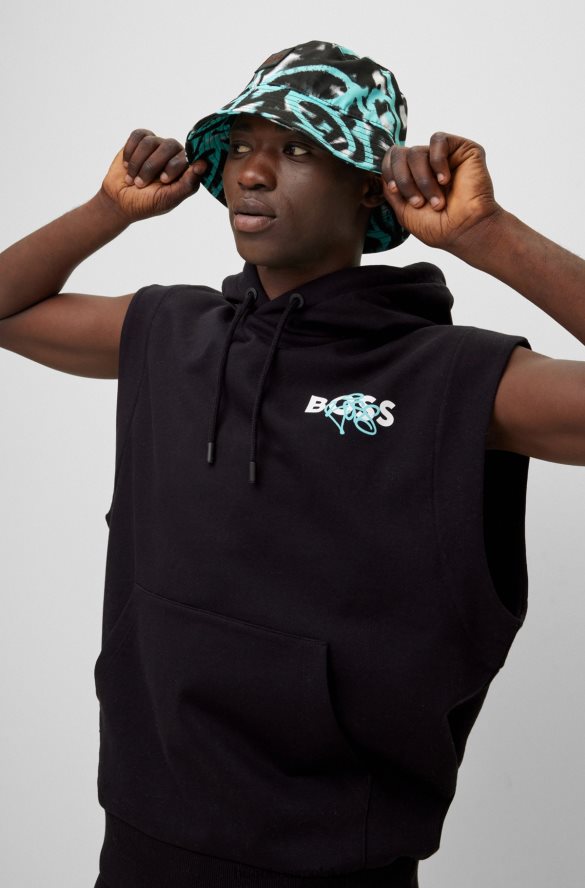 Hugo Boss czarna, bawełniana bluza z kapturem hugo o swobodnym kroju, bez rękawów, z grafiką z logo graffiti czarny R0X0H62704