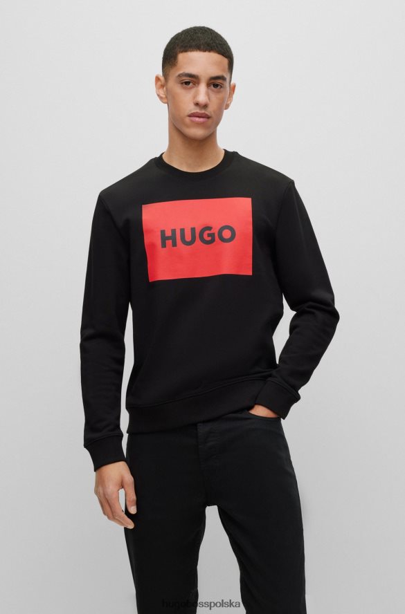 Hugo Boss czarny sweterek hugo z bawełny frotte z nadrukiem czerwonego logo czarny R0X0H62404