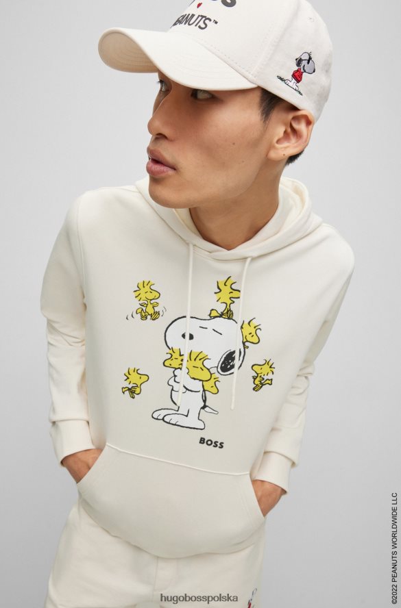 Hugo Boss x Obszerna bluza z kapturem orzeszków ziemnych z frotte z ekskluzywną grafiką biały R0X0H61195