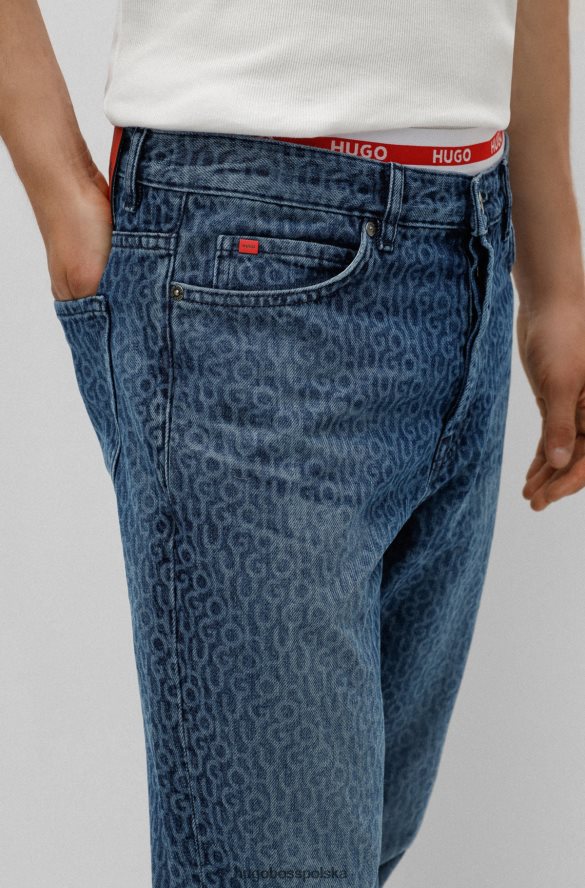 Hugo Boss Niebieskie wzorzyste dżinsy hugo o zwężanym kroju ze sztywnego dżinsu z nadrukiem logo niebieski wzór R0X0H63145