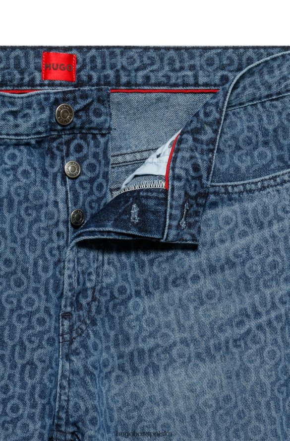 Hugo Boss Niebieskie wzorzyste dżinsy hugo o zwężanym kroju ze sztywnego dżinsu z nadrukiem logo niebieski wzór R0X0H63145