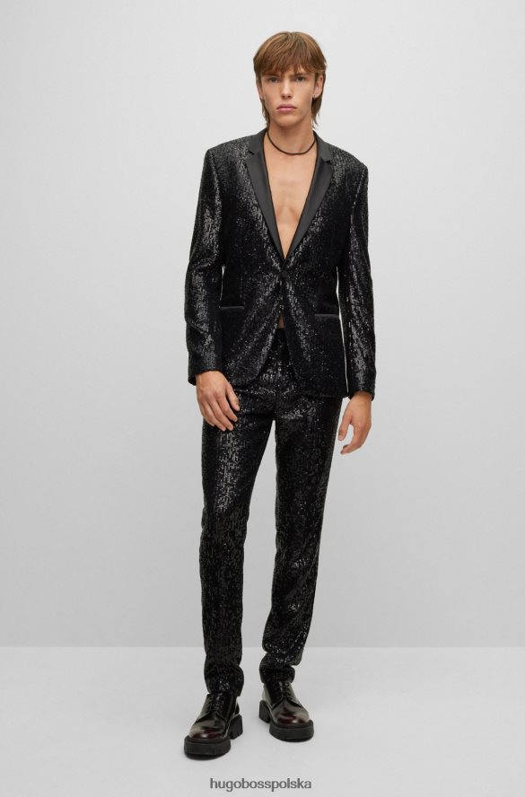 Hugo Boss wyjątkowo wąskie spodnie z cekinowego, elastycznego, satynowego czarnego hugo czarny R0X0H63826
