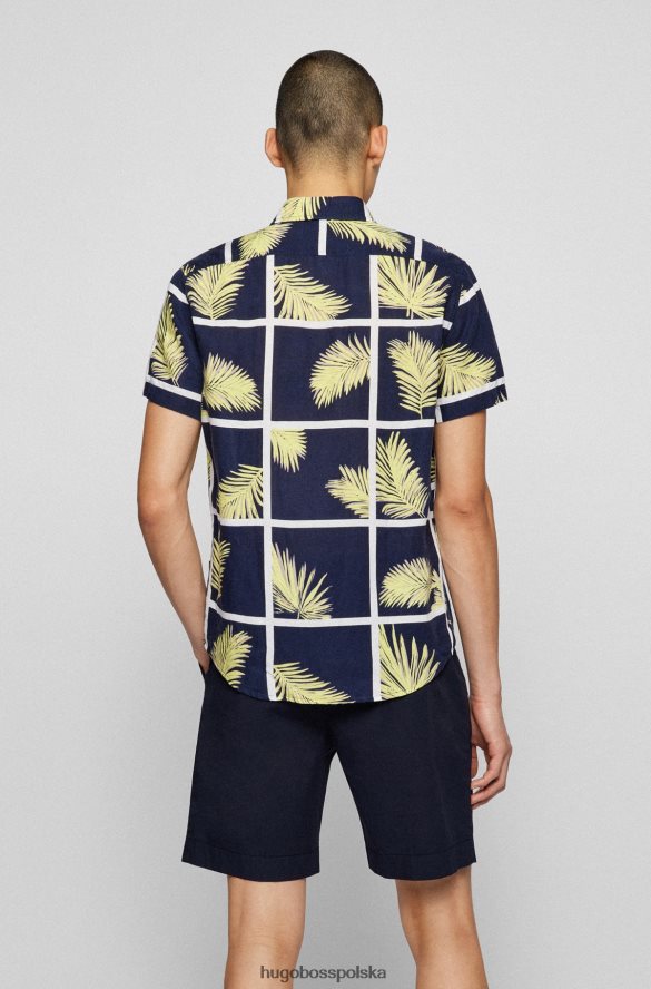 Hugo Boss Koszula o regularnym kroju z ciemnoniebieskiego płótna z domieszką lnu we wzór dłoni ciemny niebieski R0X0H63878