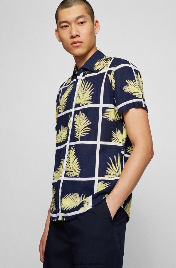 Hugo Boss Koszula o regularnym kroju z ciemnoniebieskiego płótna z domieszką lnu we wzór dłoni ciemny niebieski R0X0H63878