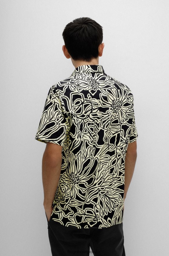 Hugo Boss Koszula o swobodnym kroju z bawełnianego płótna we wzór liści w jasnożółtym kolorze hugo jasny zółty R0X0H63860