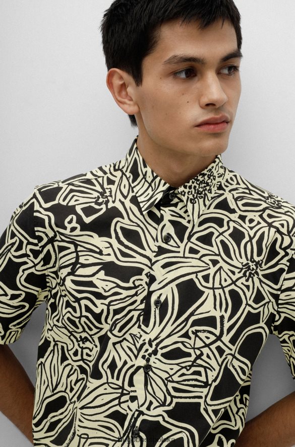 Hugo Boss Koszula o swobodnym kroju z bawełnianego płótna we wzór liści w jasnożółtym kolorze hugo jasny zółty R0X0H63860