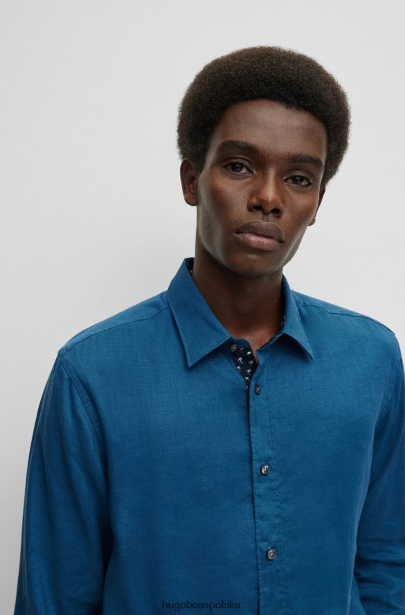 Hugo Boss Niebieska koszula Hugo o dopasowanym kroju ze spranego, elastycznego lnu niebieski R0X0H62523