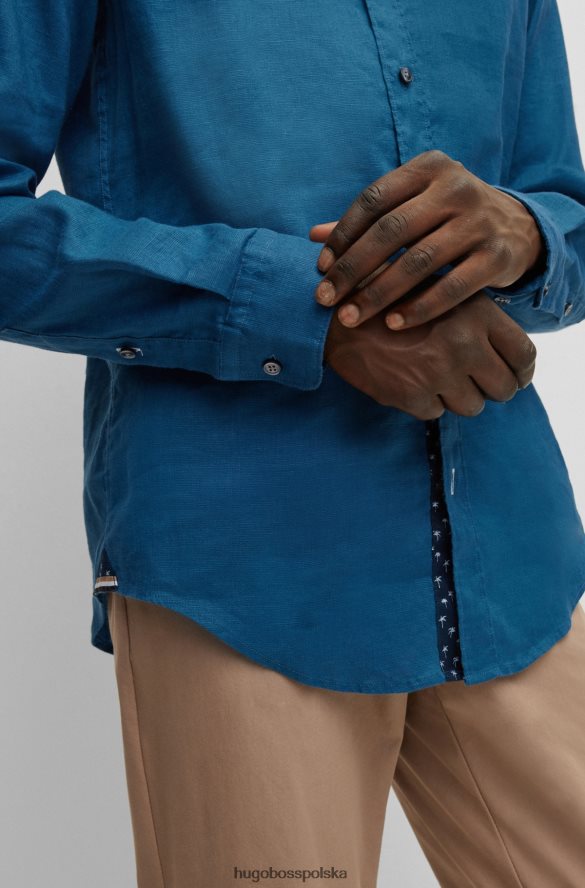 Hugo Boss Niebieska koszula Hugo o dopasowanym kroju ze spranego, elastycznego lnu niebieski R0X0H62523