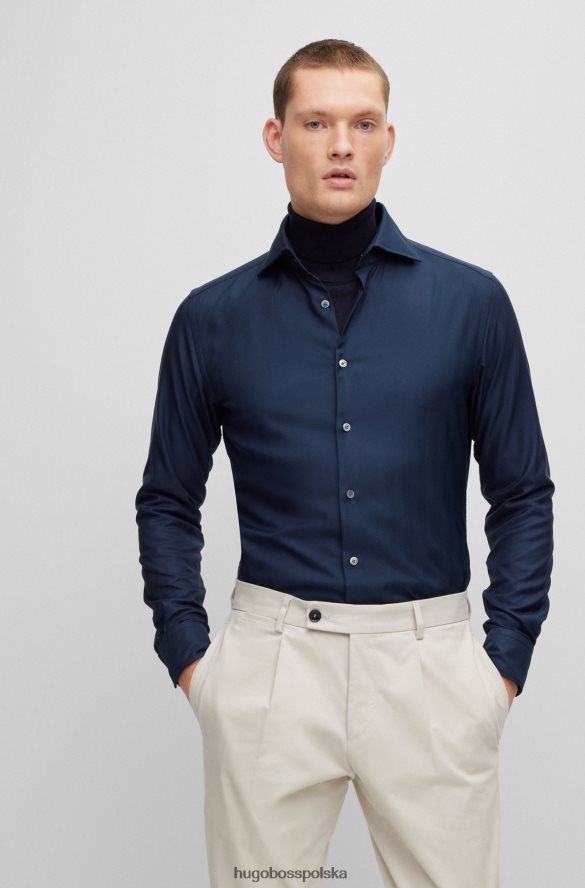 Hugo Boss ciemnoniebieska koszula o dopasowanym kroju z elastycznego diagonalu w jodełkę hugo ciemny niebieski R0X0H63356