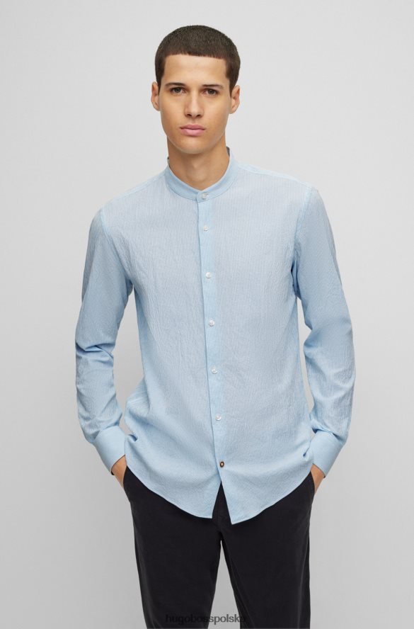Hugo Boss jasnoniebieska koszula hugo o dopasowanym kroju bez kołnierzyka, wykonana z elastycznej bawełny w paski jasny niebieski R0X0H64024