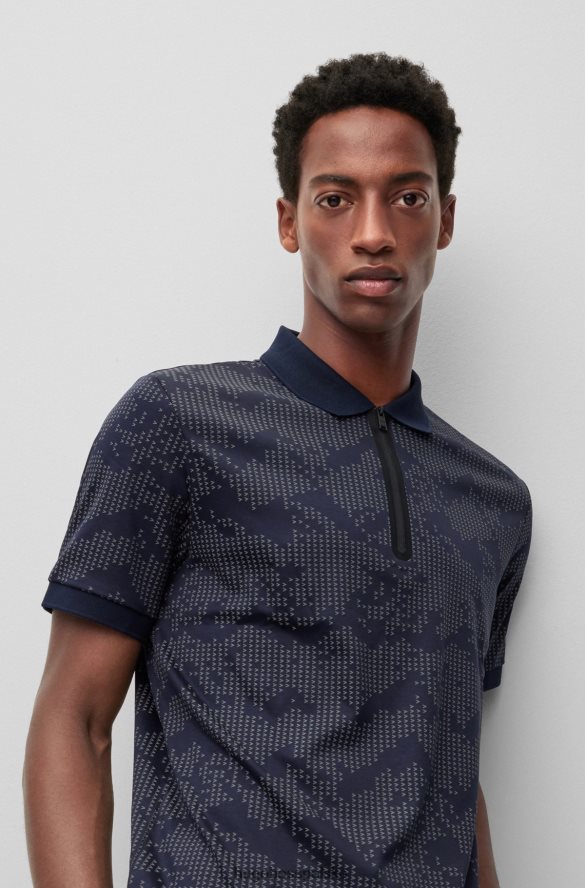 Hugo Boss Ciemnoniebieska koszulka polo hugo z bawełny, zapinana na zamek i z górskim wzorem ciemny niebieski R0X0H62589