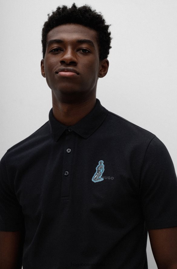 Hugo Boss Dopasowana koszulka polo z elastycznej bawełny z nadrukiem robota, czarna hugo czarny R0X0H64295