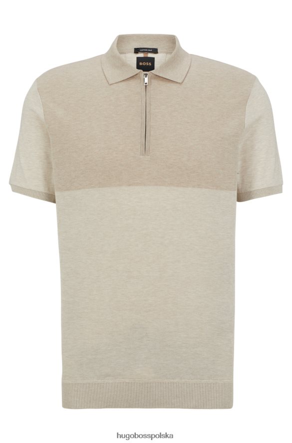 Hugo Boss Koszulka polo Hugo zapinana na zamek, wykonana z jedwabiu i bawełny w kolorze jasnego beżu jasny beż R0X0H63642