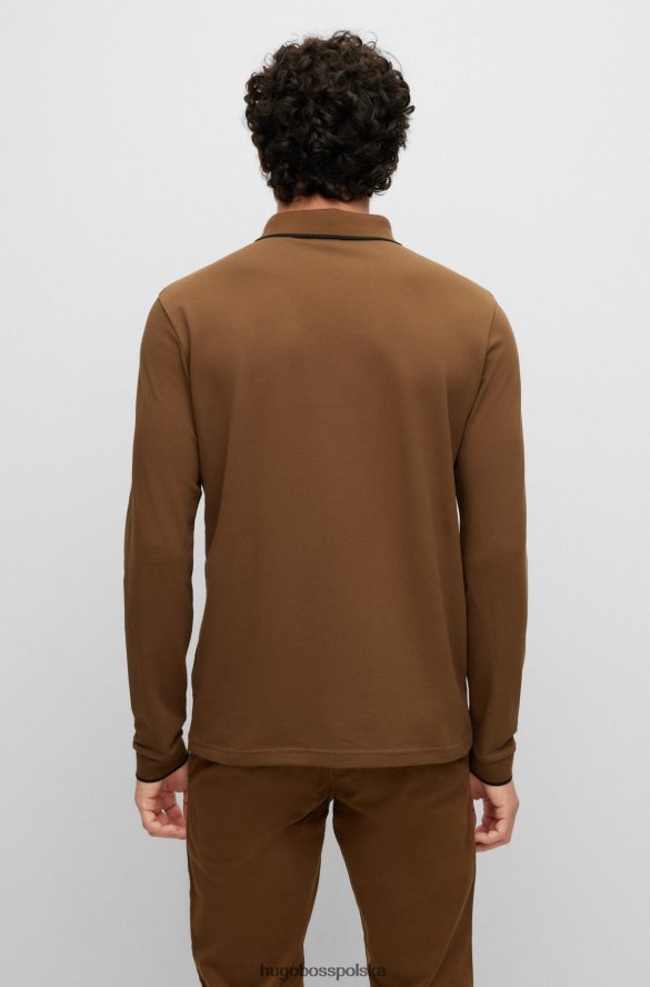 Hugo Boss Koszulka polo z elastycznej bawełny z długimi rękawami i naszywką z logo Hugo w kolorze brązowym brązowy R0X0H6947