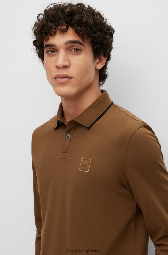 Hugo Boss Koszulka polo z elastycznej bawełny z długimi rękawami i naszywką z logo Hugo w kolorze brązowym brązowy R0X0H6947