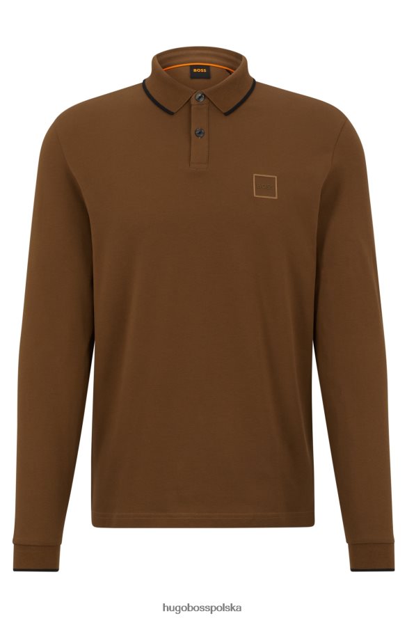 Hugo Boss Koszulka polo z elastycznej bawełny z długimi rękawami i naszywką z logo Hugo w kolorze brązowym brązowy R0X0H6947