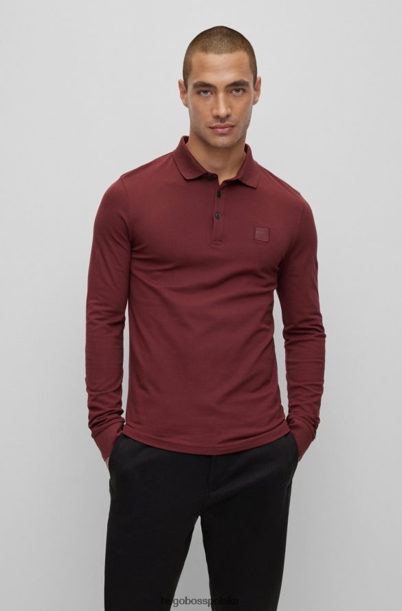Hugo Boss ciemnoczerwona, dopasowana koszulka polo z długimi rękawami i naszywką z logo hugo ciemno czerwony R0X0H61958
