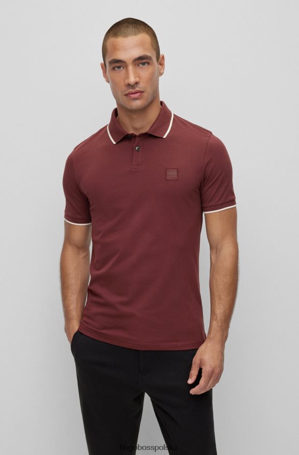 Hugo Boss ciemnoczerwona, dopasowana koszulka polo z elastycznej bawełny, z naszywką z logo hugo ciemno czerwony R0X0H62884