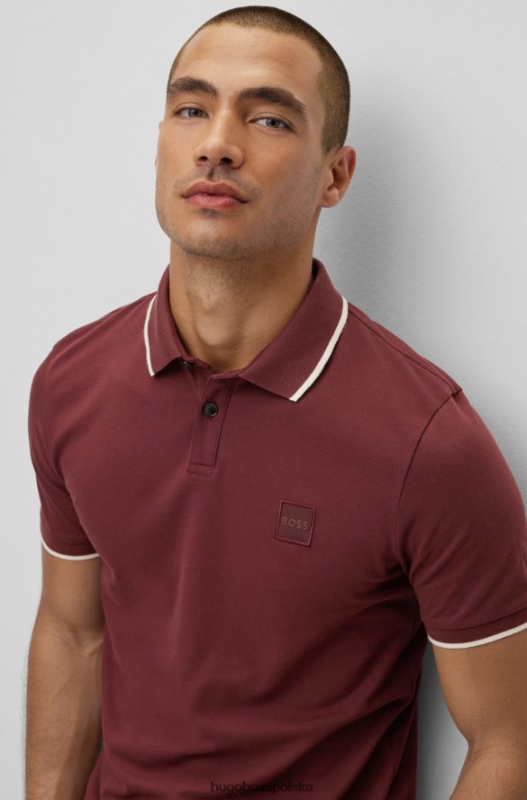 Hugo Boss ciemnoczerwona, dopasowana koszulka polo z elastycznej bawełny, z naszywką z logo hugo ciemno czerwony R0X0H62884