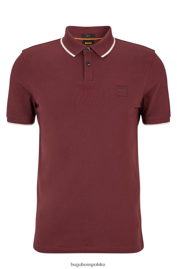 Hugo Boss ciemnoczerwona, dopasowana koszulka polo z elastycznej bawełny, z naszywką z logo hugo ciemno czerwony R0X0H62884