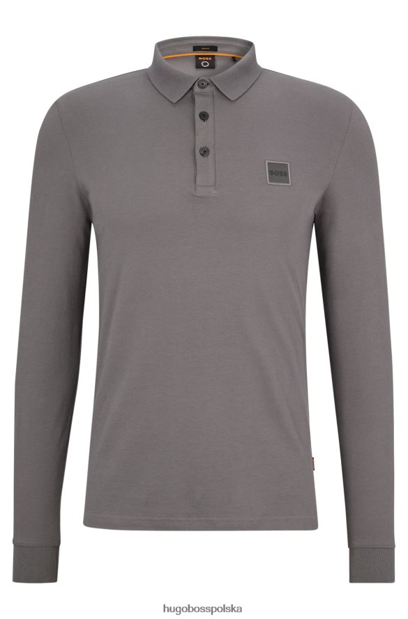 Hugo Boss ciemnoszara, dopasowana koszulka polo z długimi rękawami i naszywką z logo hugo ciemno szary R0X0H61964