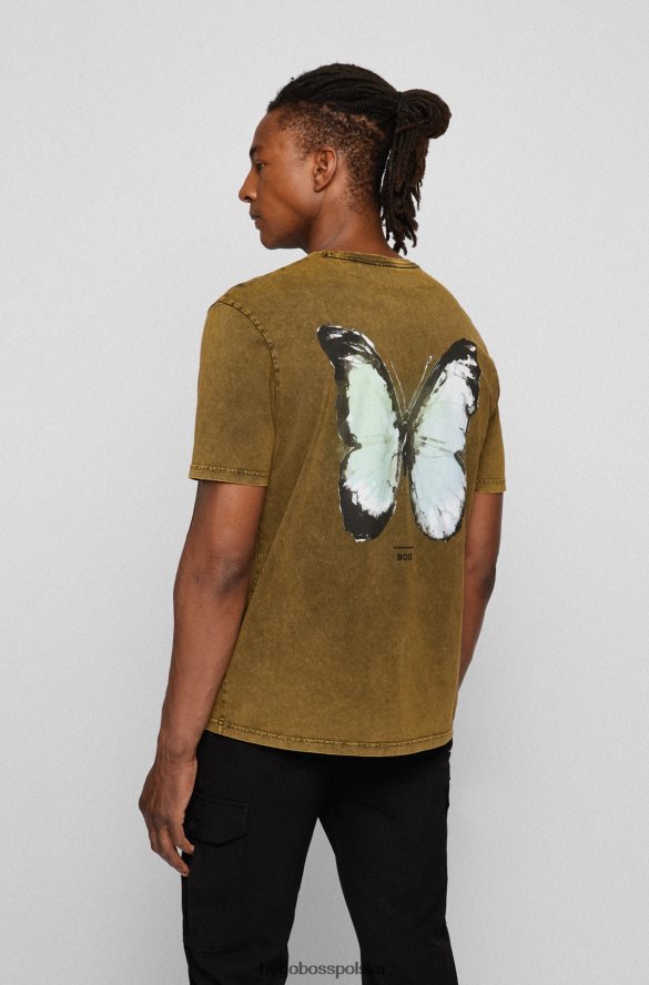 Hugo Boss Ciemnobrązowa koszulka Hugo o swobodnym kroju z barwionej bawełny z kreatywnymi grafikami ciemny brąz R0X0H63182
