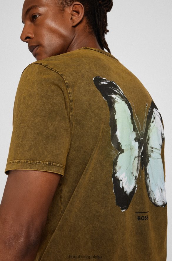 Hugo Boss Ciemnobrązowa koszulka Hugo o swobodnym kroju z barwionej bawełny z kreatywnymi grafikami ciemny brąz R0X0H63182