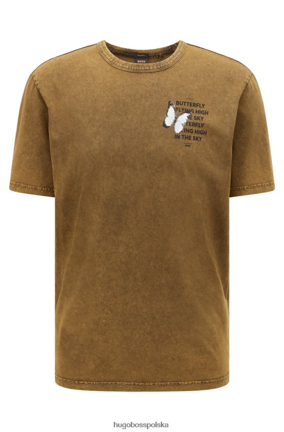 Hugo Boss Ciemnobrązowa koszulka Hugo o swobodnym kroju z barwionej bawełny z kreatywnymi grafikami ciemny brąz R0X0H63182
