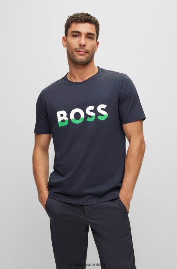 Hugo Boss Ciemnoniebieska koszulka z bawełnianego jerseyu hugo z nadrukiem logo z blokami kolorów ciemny niebieski R0X0H61473