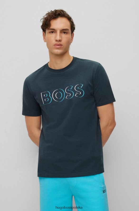 Hugo Boss Ciemnoniebieska koszulka z dżerseju hugo ze szczotkowanej bawełny z dynamicznym nadrukiem logo ciemny niebieski R0X0H62448