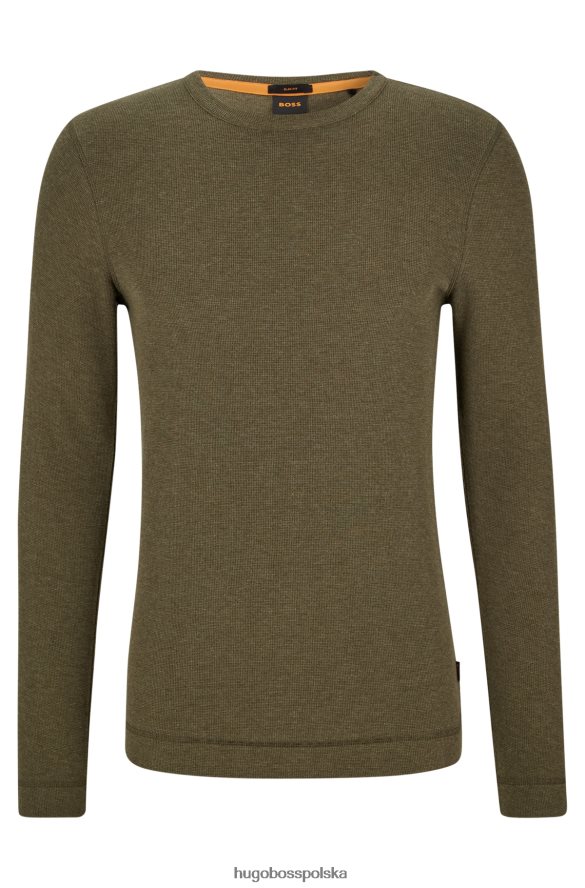 Hugo Boss Ciemnozielona koszulka Hugo o dopasowanym kroju z długim rękawem, wykonana z waflowej bawełny ciemnozielony R0X0H6978