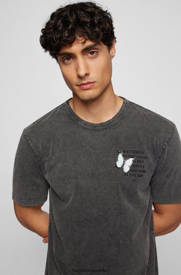 Hugo Boss Czarna koszulka Hugo o swobodnym kroju z barwionej bawełny z kreatywnymi grafikami czarny R0X0H63181