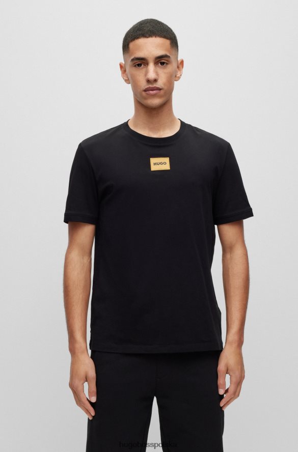 Hugo Boss Czarna koszulka z bawełnianego dżerseju Hugo z metaliczną naszywką z logo czarny R0X0H64173