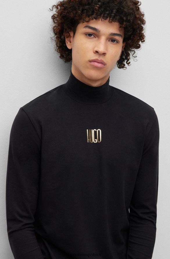 Hugo Boss Hugo Czarny, dopasowany t-shirt z golfem i detalami z logo czarny R0X0H63727