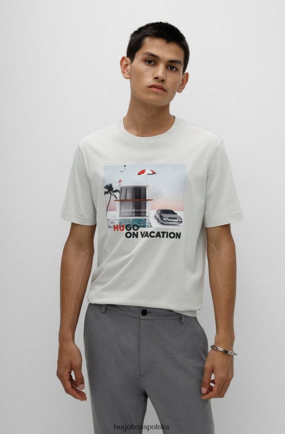 Hugo Boss Jasnobeżowa koszulka hugo z okrągłym dekoltem z czystej bawełny z wakacyjną grafiką jasny beż R0X0H63864