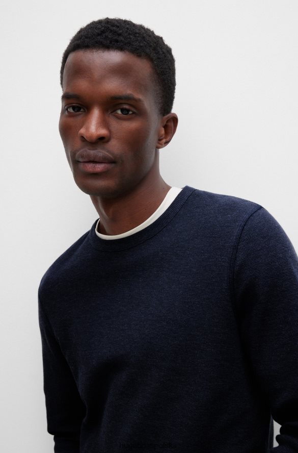 Hugo Boss T-shirt o dopasowanym kroju z długim rękawem, wykonany z bawełny hugo w kolorze waflowym w kolorze ciemnoniebieskim ciemny niebieski R0X0H6977