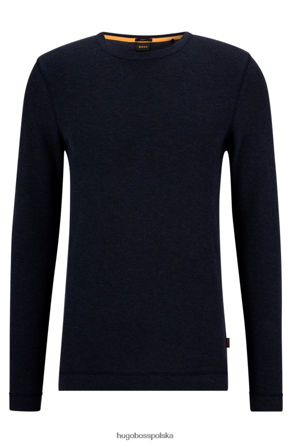 Hugo Boss T-shirt o dopasowanym kroju z długim rękawem, wykonany z bawełny hugo w kolorze waflowym w kolorze ciemnoniebieskim ciemny niebieski R0X0H6977