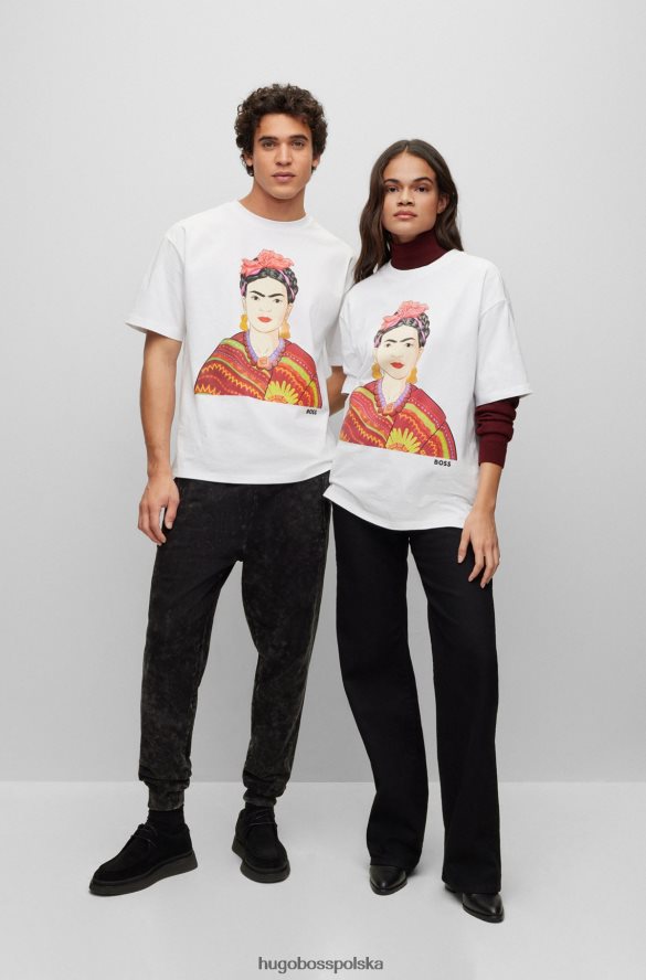 Hugo Boss T-shirt o swobodnym kroju z bawełny organicznej z grafiką Frida Kahlo Hugo w kolorze białym biały R0X0H64220