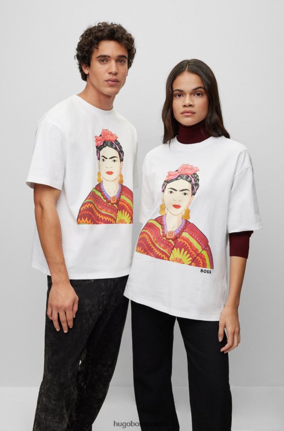 Hugo Boss T-shirt o swobodnym kroju z bawełny organicznej z grafiką Frida Kahlo Hugo w kolorze białym biały R0X0H64220