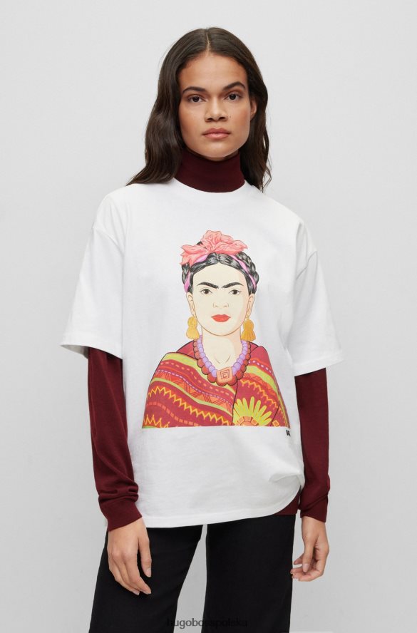 Hugo Boss T-shirt o swobodnym kroju z bawełny organicznej z grafiką Frida Kahlo Hugo w kolorze białym biały R0X0H64220