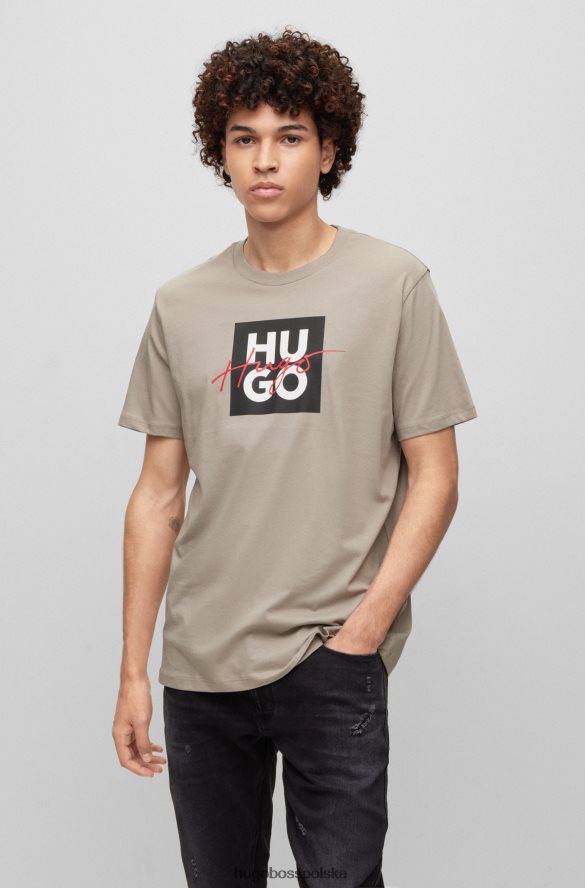Hugo Boss T-shirt z bawełnianego jerseyu hugo z nałożonymi i odręcznymi logo w kolorze beżowym beżowy R0X0H62418