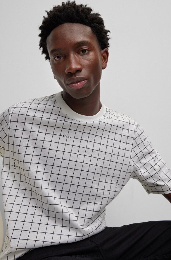 Hugo Boss bawełniana koszulka z nadrukiem w kratkę Hugo w kolorze białym białe wzorzyste R0X0H64036