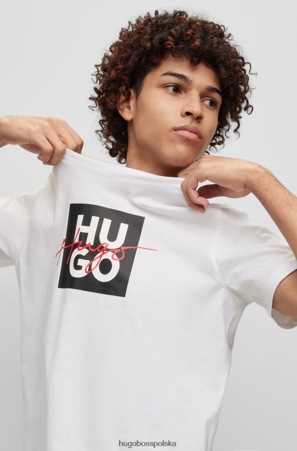 Hugo Boss bawełniany dżersejowy t-shirt z nałożonymi i odręcznie napisanymi logo, biały hugo biały R0X0H62419