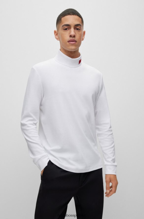 Hugo Boss biała, dopasowana koszulka z długim rękawem i czerwoną metką z logo hugo biały R0X0H61028