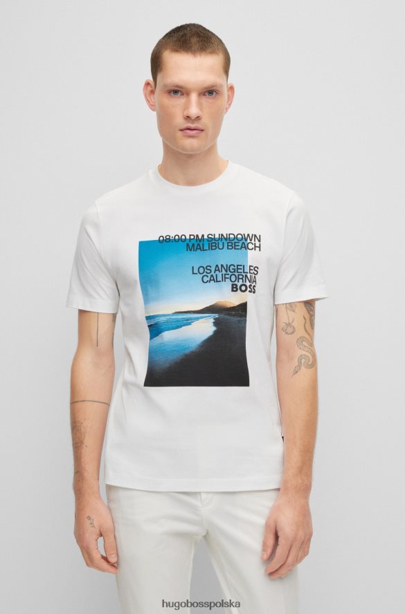 Hugo Boss biała koszulka hugo z mieszanki bawełny z fotograficznym nadrukiem plażowym i logo biały R0X0H64358