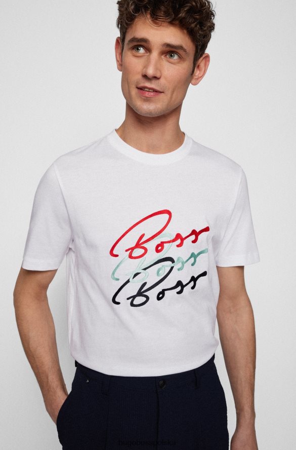 Hugo Boss biały, bawełniany t-shirt hugo o dopasowanym kroju z wielobarwnymi logo biały R0X0H63991