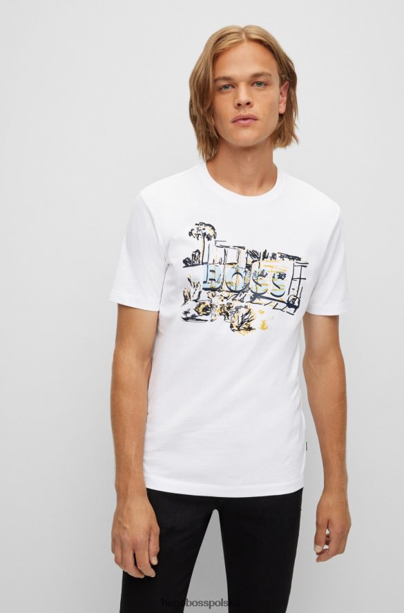 Hugo Boss biały, bawełniany t-shirt hugo z ręcznie rysowaną grafiką biały R0X0H63473