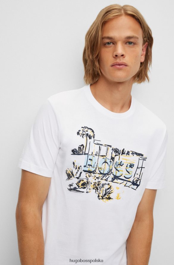Hugo Boss biały, bawełniany t-shirt hugo z ręcznie rysowaną grafiką biały R0X0H63473